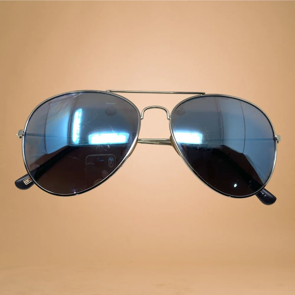 Tommy Hilfiger Sunglasses Tony OM165 Aviator Blue Mirrored Silver Frame + Case